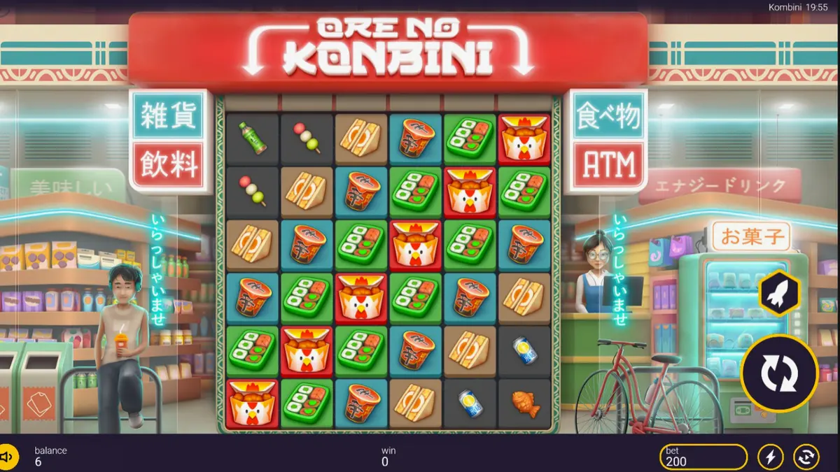 Tampilan visual slot Ore No Konbini dengan latar belakang toko serba ada Jepang yang neon